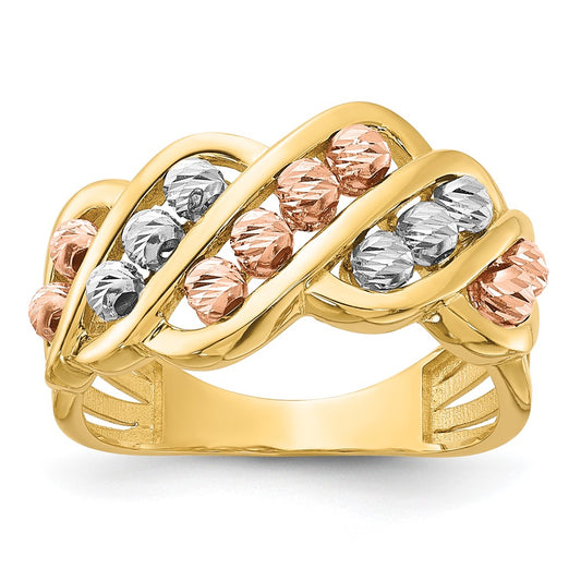 14K Tri-color Polished and Diamond-cut Beads Fashion Ring Size 7