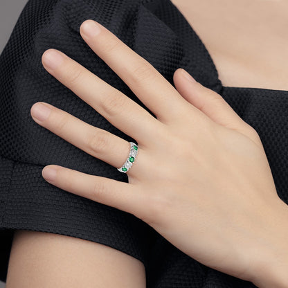 14k White Gold 3/8 Ct Diamond and Emerald Wedding Band Ring