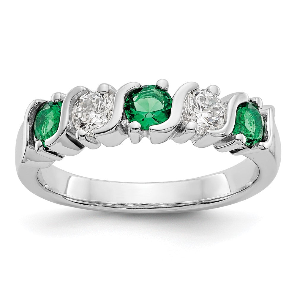 14k White Gold 3/8 Ct Diamond and Emerald Wedding Band Ring