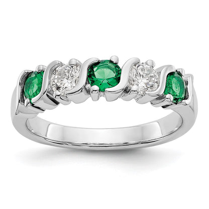 14k White Gold 3/8 Ct Diamond and Emerald Wedding Band Ring
