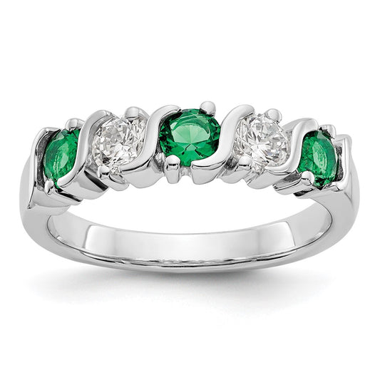 14k White Gold 3/8 Ct Diamond and Emerald Wedding Band Ring