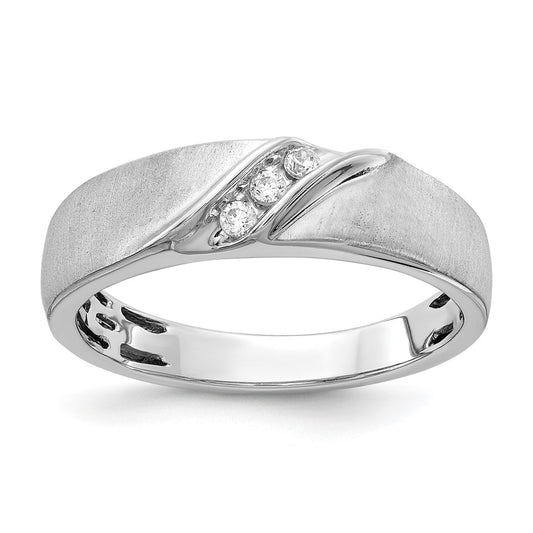 14k White Gold 3-Stone Satin 1/10 carat Diamond Men's Ring Size 10