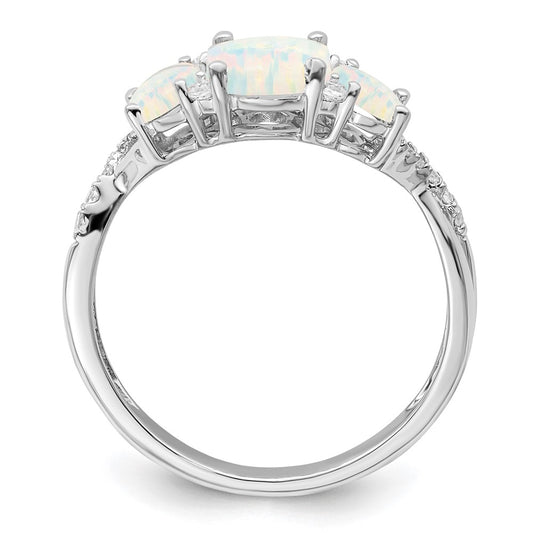 14k White Gold Created Opal and Diamond 3-stone Ring Size 7