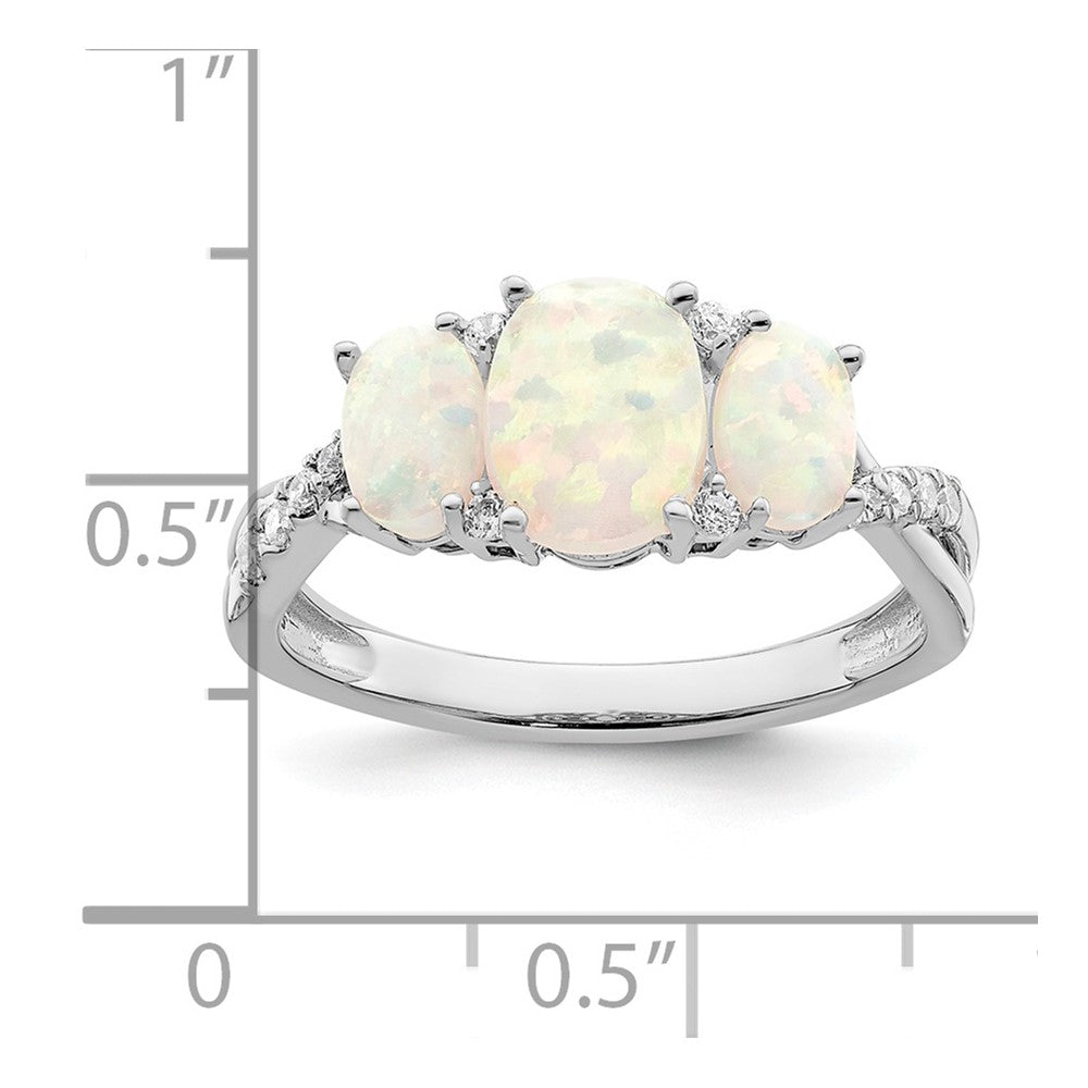14k White Gold Created Opal and Diamond 3-stone Ring Size 7