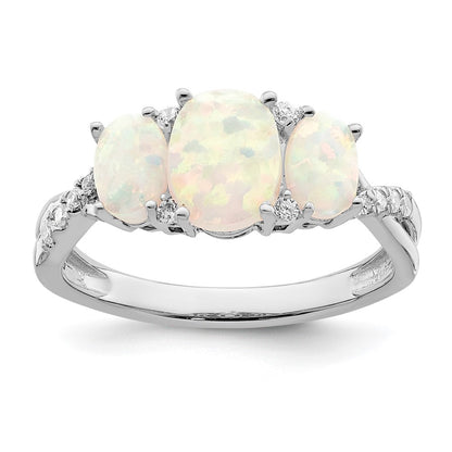 14k White Gold Created Opal and Diamond 3-stone Ring Size 7