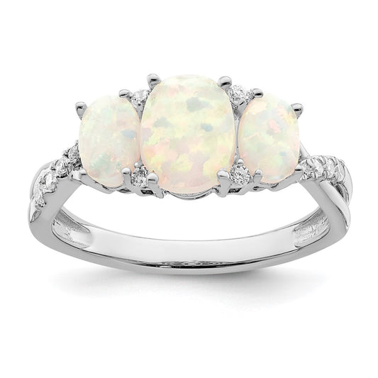 14k White Gold Created Opal and Diamond 3-stone Ring Size 7