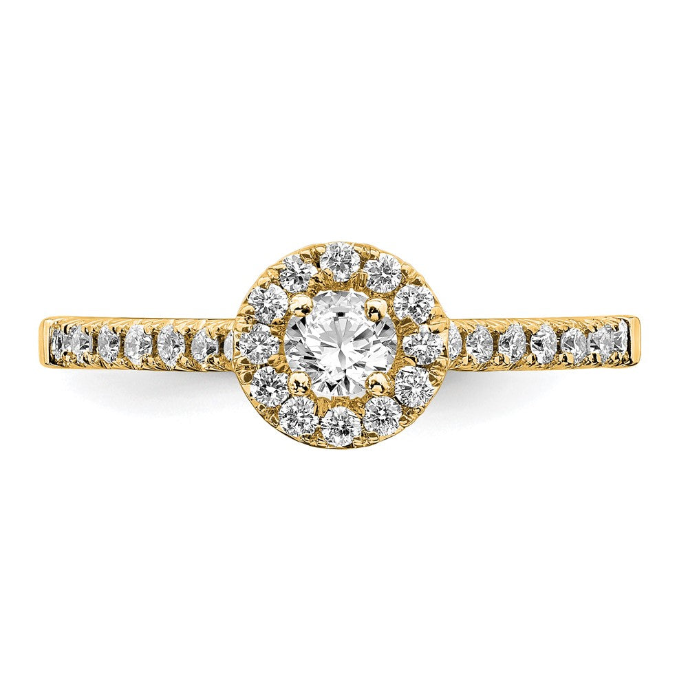 3/4 Ct Lab Grown Diamond Halo Engagement Ring in 14k Yellow Gold VS/SI, G