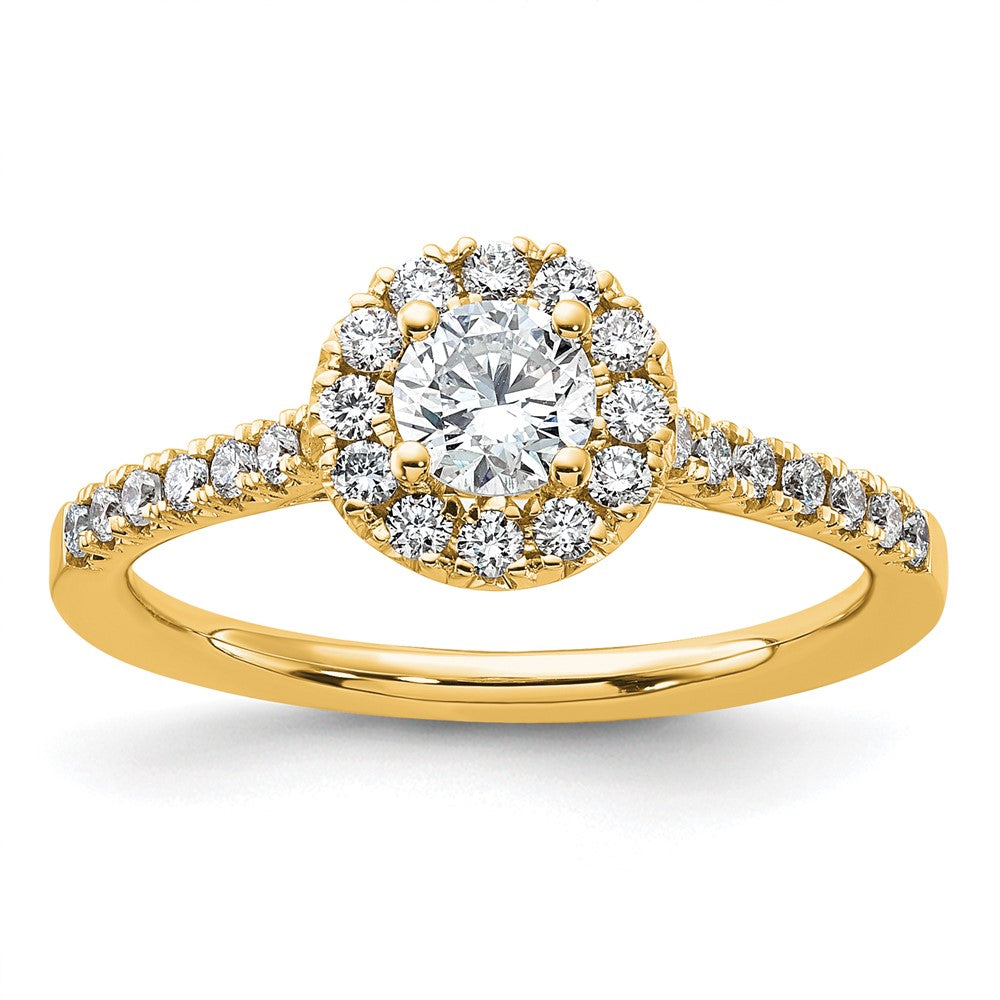 3/4 Ct Lab Grown Diamond Halo Engagement Ring in 14k Yellow Gold VS/SI, G