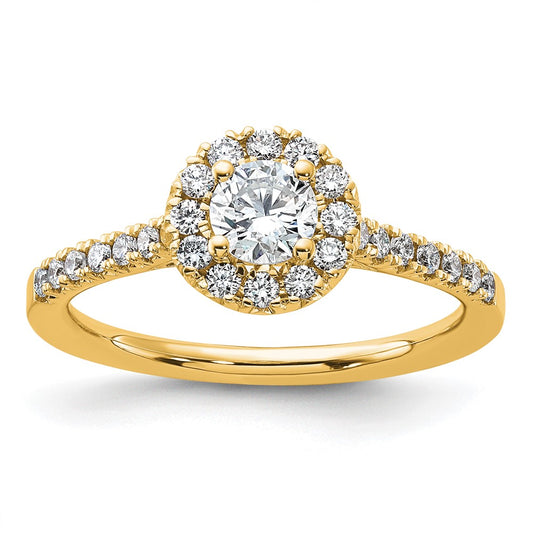 3/4 Ct Lab Grown Diamond Halo Engagement Ring in 14k Yellow Gold VS/SI, G
