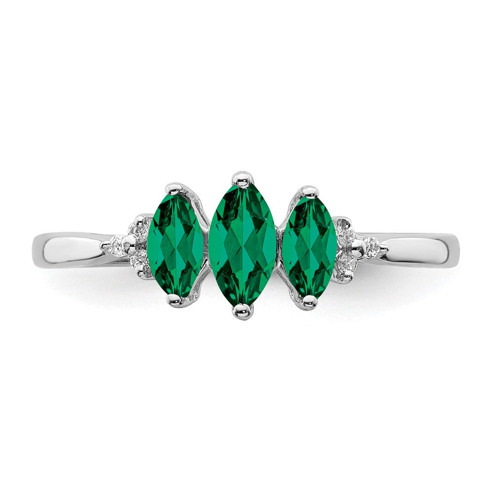 14k White Gold Marquise Created Emerald and Diamond 3-stone Ring Size 7