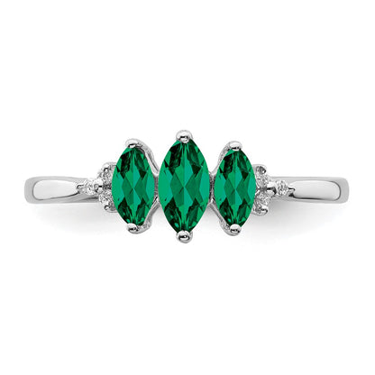 14k White Gold Marquise Created Emerald and Diamond 3-stone Ring Size 7