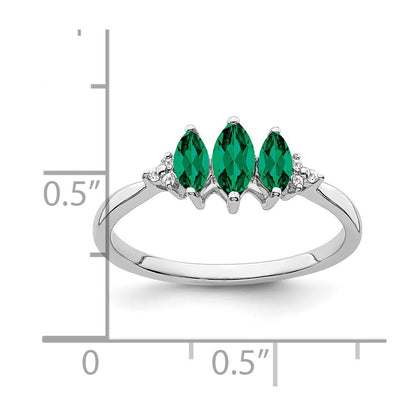 14k White Gold Marquise Created Emerald and Diamond 3-stone Ring Size 7