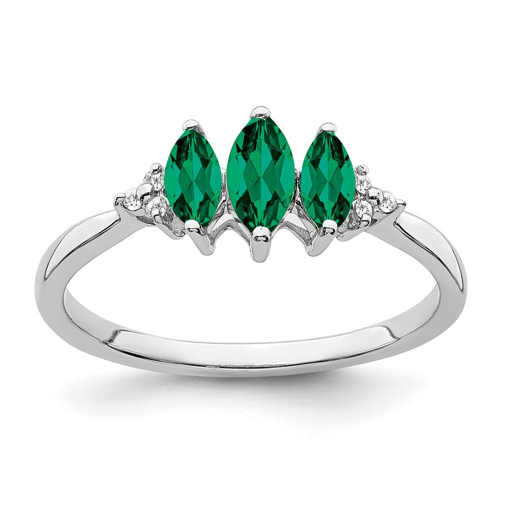 14k White Gold Marquise Created Emerald and Diamond 3-stone Ring Size 7