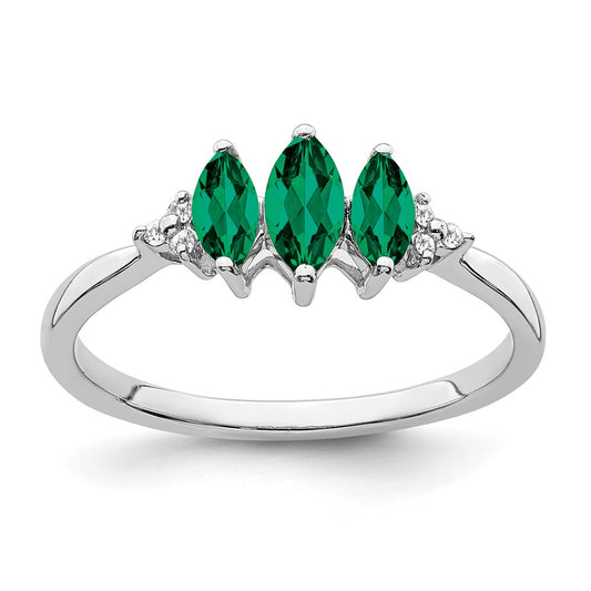 14k White Gold Marquise Created Emerald and Diamond 3-stone Ring Size 7