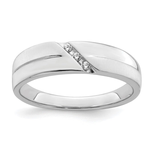 14K White Gold 3-Stone Satin and Polished 1/20 carat Diamond Men's Band Size 10