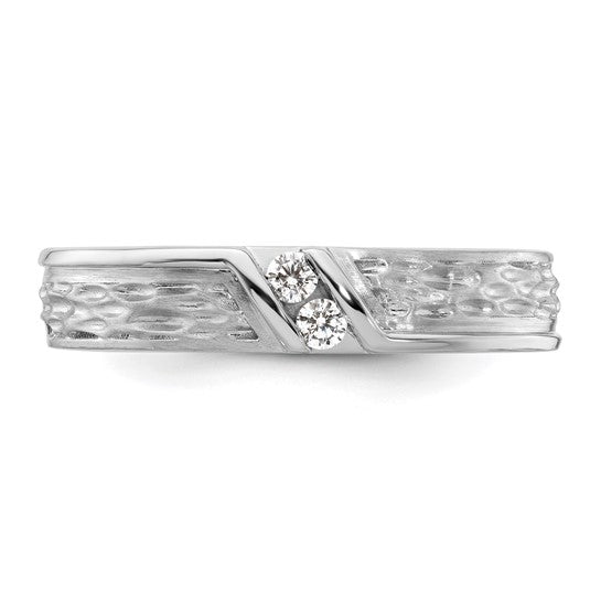 14k White Gold Polish and Satin Hammered Diamond Mens Wedding Band Ring