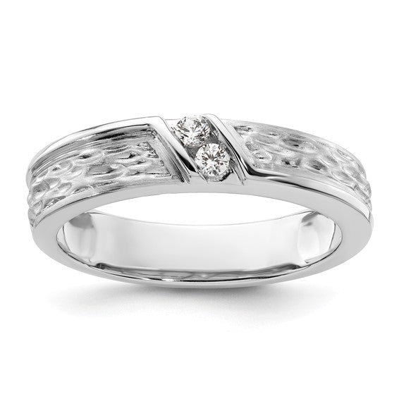 14k White Gold Polish and Satin Hammered Diamond Mens Wedding Band Ring