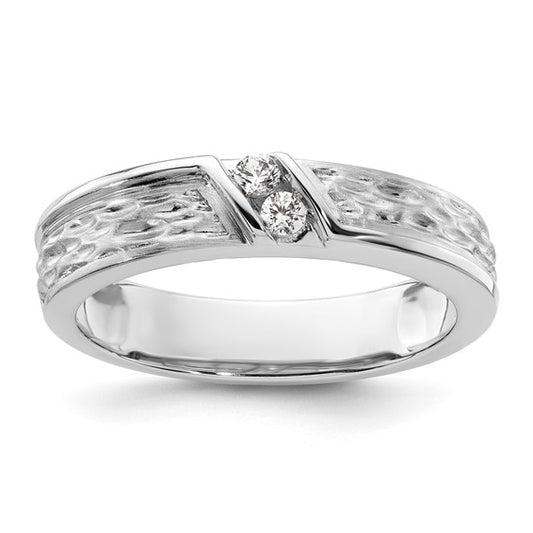 14k White Gold Polish and Satin Hammered Diamond Mens Wedding Band Ring