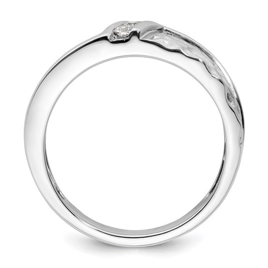 14k White Gold Polish and Satin Hammered Diamond Mens Wedding Band Ring