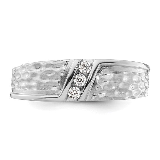 14k White Gold Polish and Satin Hammered Diamond Mens Wedding Band Ring