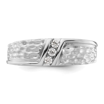 14k White Gold Polish and Satin Hammered Diamond Mens Wedding Band Ring