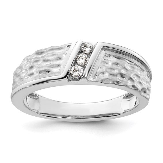 14k White Gold Polish and Satin Hammered Diamond Mens Wedding Band Ring