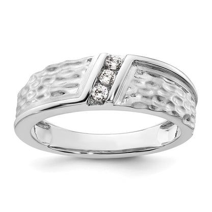 14k White Gold Polish and Satin Hammered Diamond Mens Wedding Band Ring