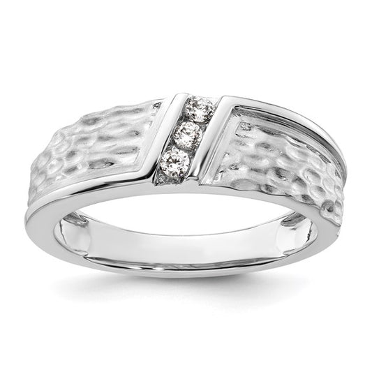14k White Gold Polish and Satin Hammered Diamond Mens Wedding Band Ring