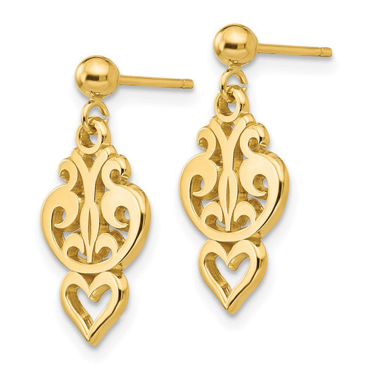 14k Yellow Gold Polished Filigree Fancy Heart Post Dangle Earrings