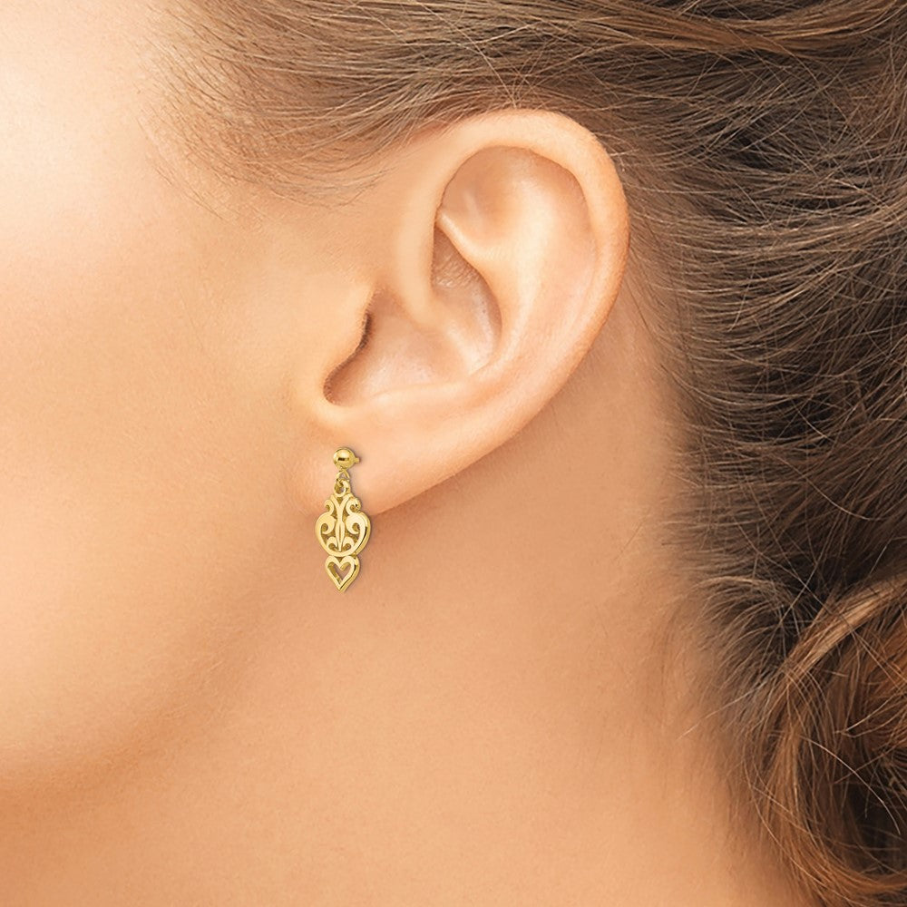 14k Yellow Gold Polished Filigree Fancy Heart Post Dangle Earrings