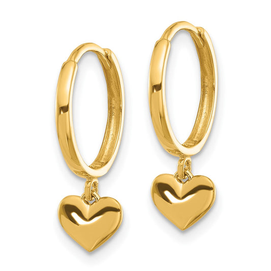 14k Yellow Gold Polished Heart Dangle Huggie Hoop Earrings