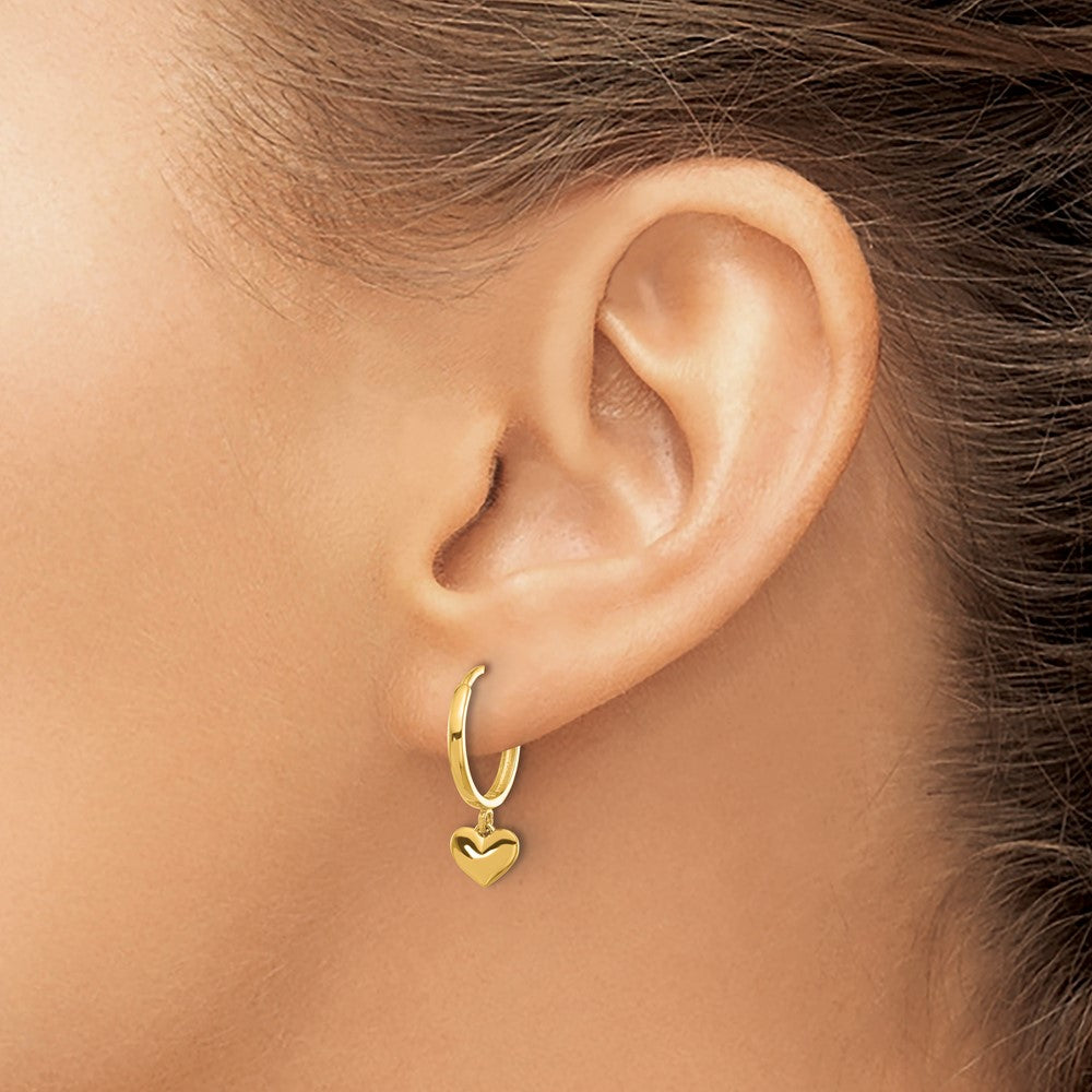 14k Yellow Gold Polished Heart Dangle Huggie Hoop Earrings