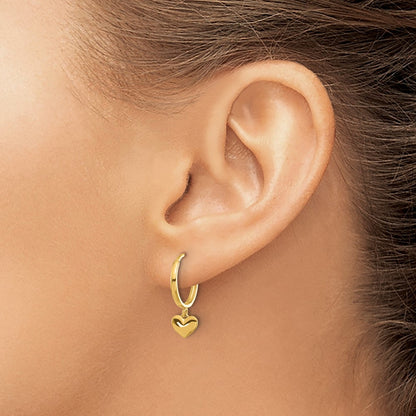 14k Yellow Gold Polished Heart Dangle Huggie Hoop Earrings