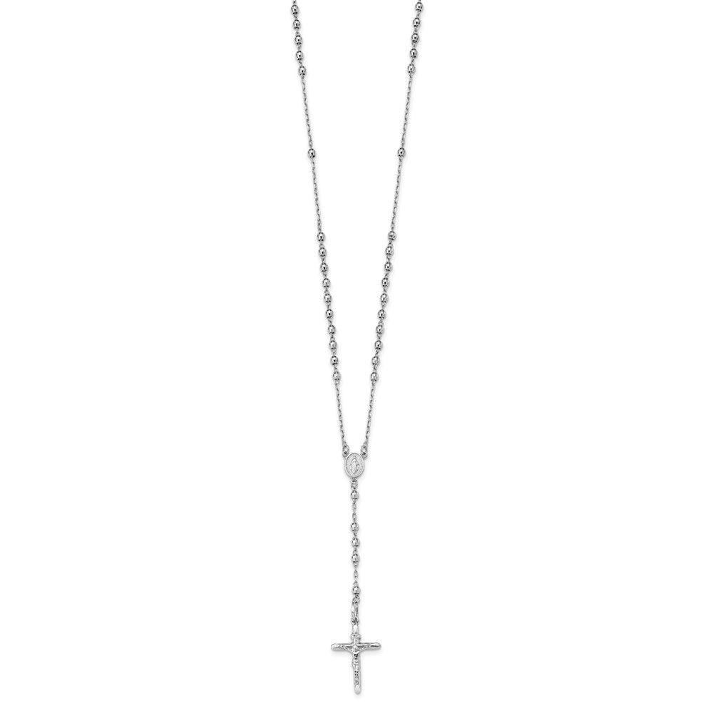 14k White Gold Polished Crucifix and Miraculous Medal with 3mm Mirror Beads Rosary Necklace 24"