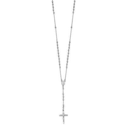 14k White Gold Polished Crucifix and Miraculous Medal with 3mm Mirror Beads Rosary Necklace 24"