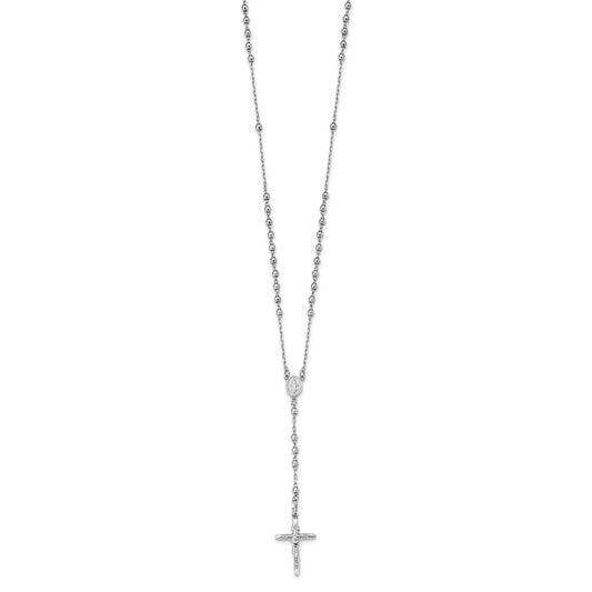 14k White Gold Polished Crucifix and Miraculous Medal with 3mm Mirror Beads Rosary Necklace 24"