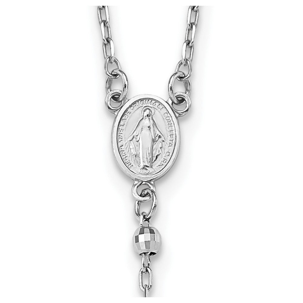 14k White Gold Polished Crucifix and Miraculous Medal with 3mm Mirror Beads Rosary Necklace 24"