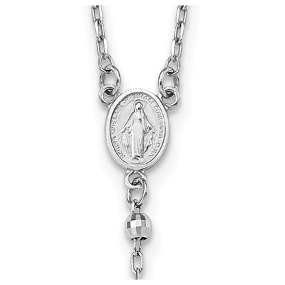 14k White Gold Polished Crucifix and Miraculous Medal with 3mm Mirror Beads Rosary Necklace 24"