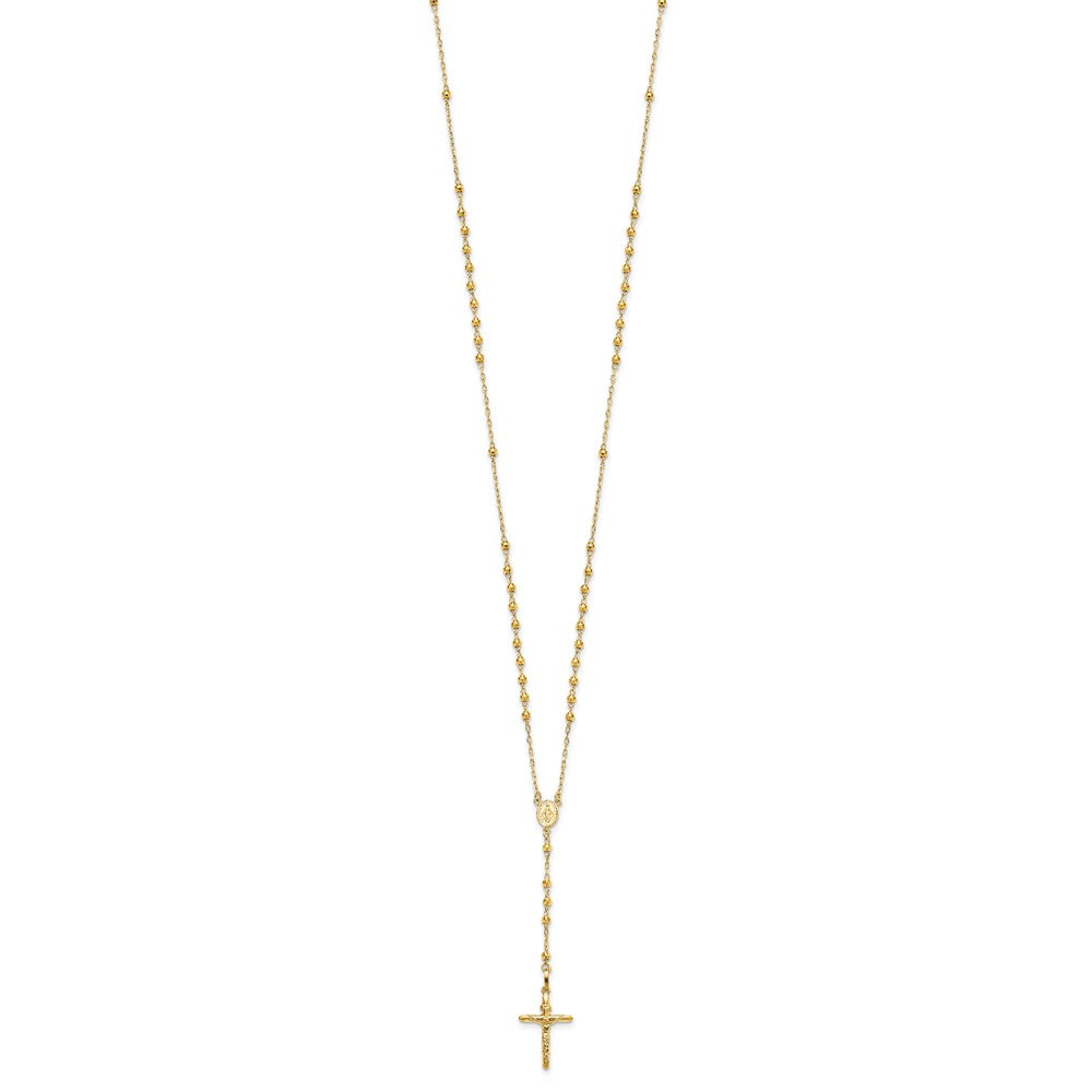 14k Polished Crucifix and Miraculous Medal with 3mm Mirror Beads Semi-solid Rosary Necklace 24"