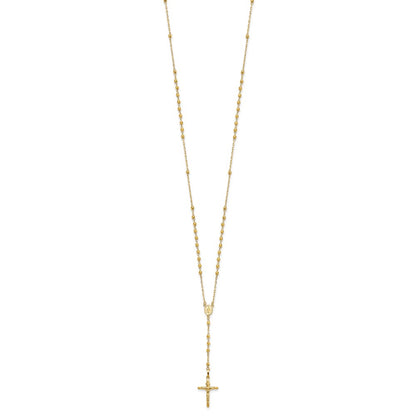 14k Polished Crucifix and Miraculous Medal with 3mm Mirror Beads Semi-solid Rosary Necklace 24"