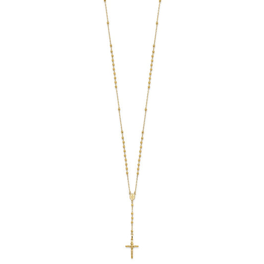 14k Polished Crucifix and Miraculous Medal with 3mm Mirror Beads Semi-solid Rosary Necklace 24"