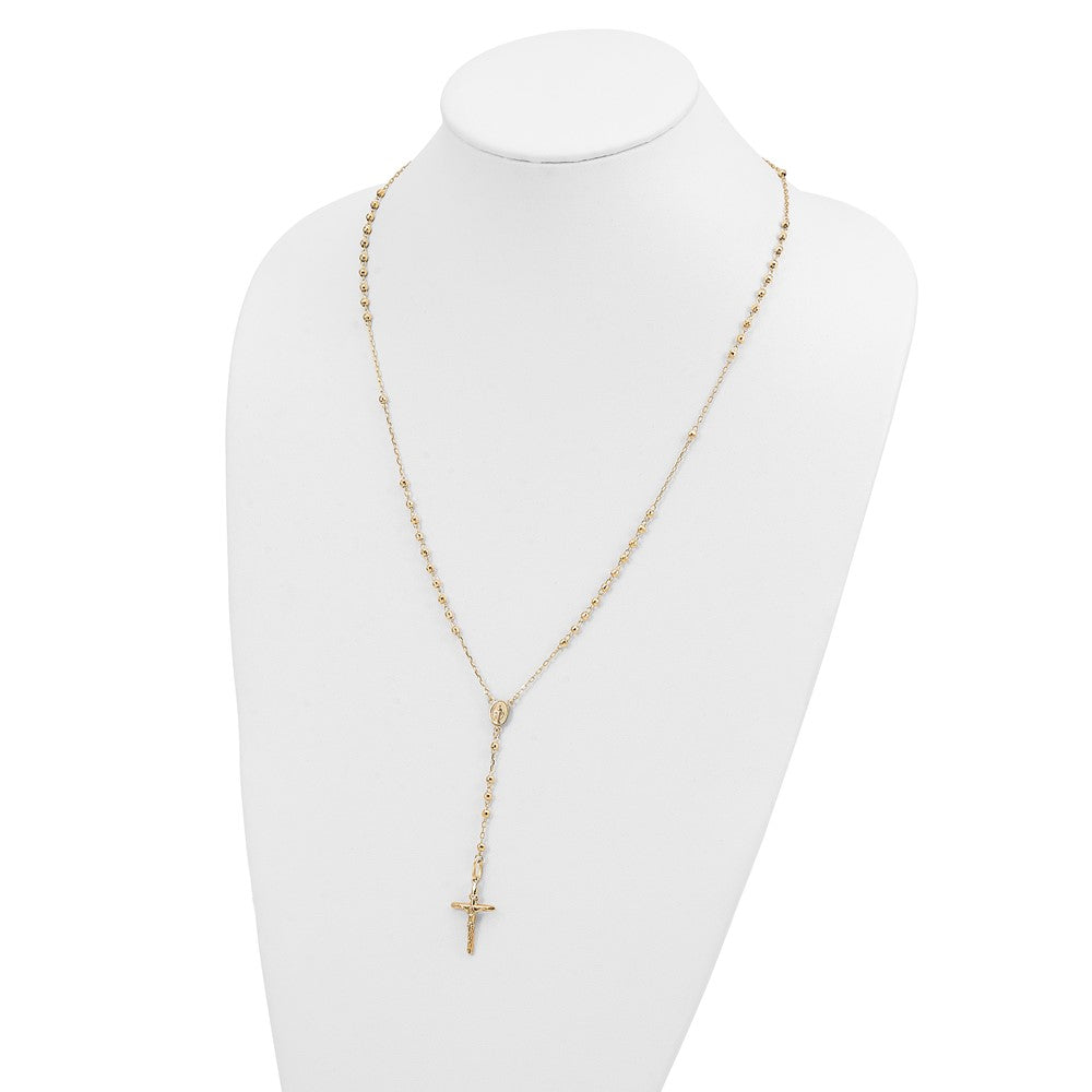 14k Polished Crucifix and Miraculous Medal with 3mm Mirror Beads Semi-solid Rosary Necklace 24"