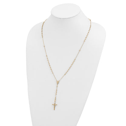 14k Polished Crucifix and Miraculous Medal with 3mm Mirror Beads Semi-solid Rosary Necklace 24"