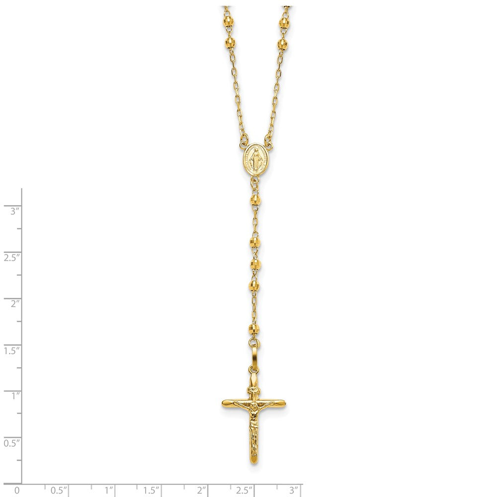 14k Polished Crucifix and Miraculous Medal with 3mm Mirror Beads Semi-solid Rosary Necklace 24"