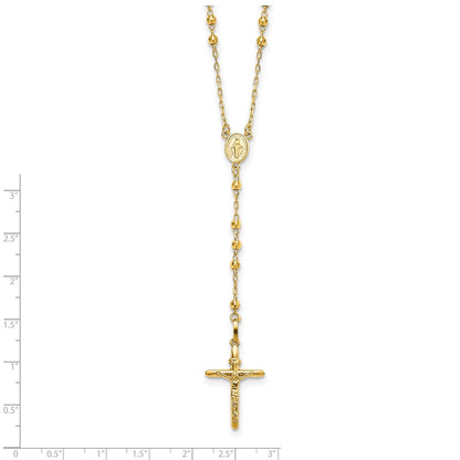 14k Polished Crucifix and Miraculous Medal with 3mm Mirror Beads Semi-solid Rosary Necklace 24"