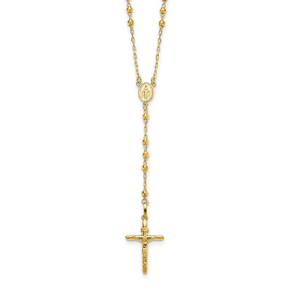 14k Polished Crucifix and Miraculous Medal with 3mm Mirror Beads Semi-solid Rosary Necklace 24"
