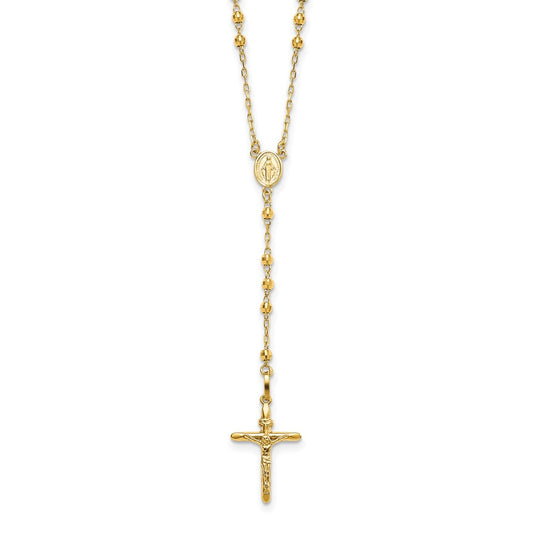 14k Polished Crucifix and Miraculous Medal with 3mm Mirror Beads Semi-solid Rosary Necklace 24"