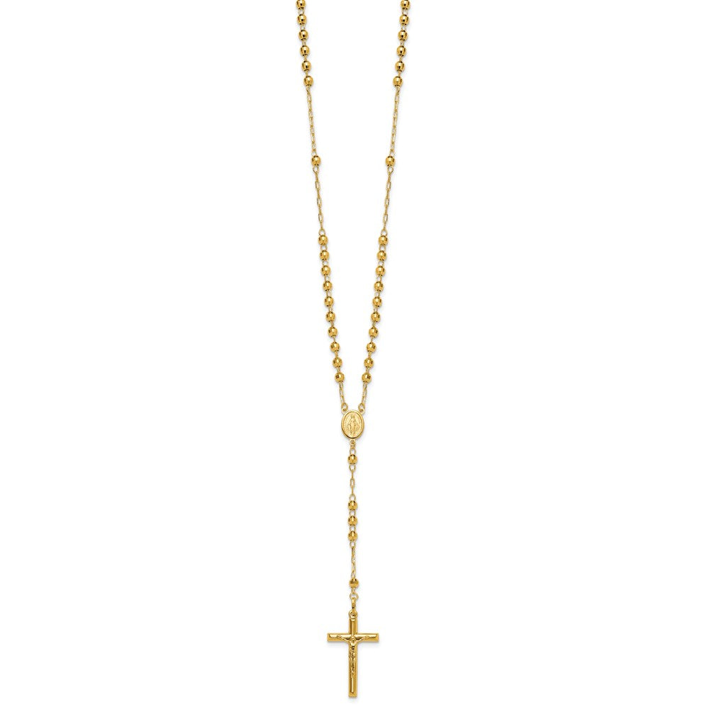 14k Polished Crucifix and Miraculous Medal with 4mm Mirror Beads Semi-solid Rosary Necklace 24"