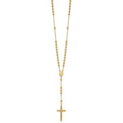 14k Polished Crucifix and Miraculous Medal with 4mm Mirror Beads Semi-solid Rosary Necklace 24"