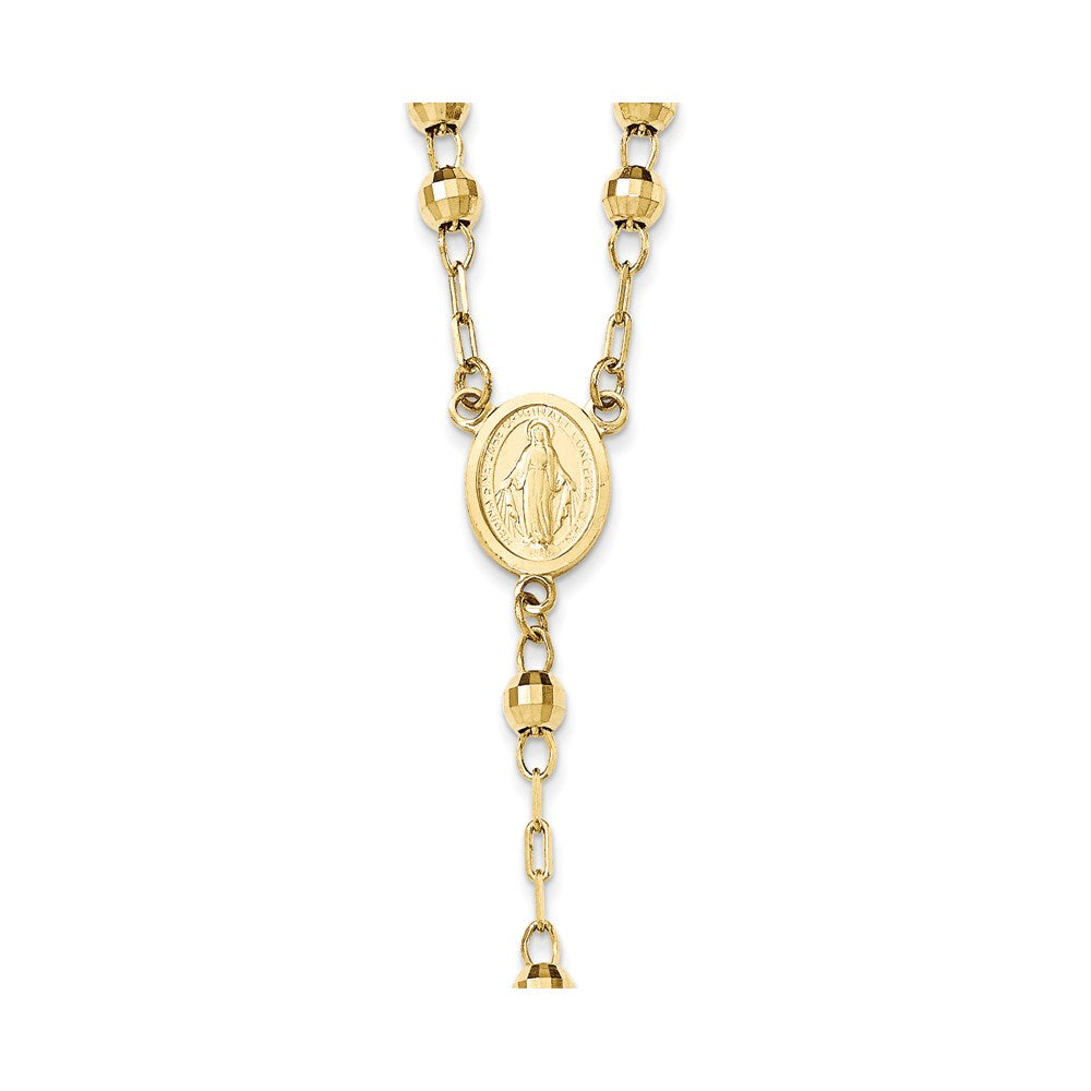 14k Polished Crucifix and Miraculous Medal with 4mm Mirror Beads Semi-solid Rosary Necklace 24"